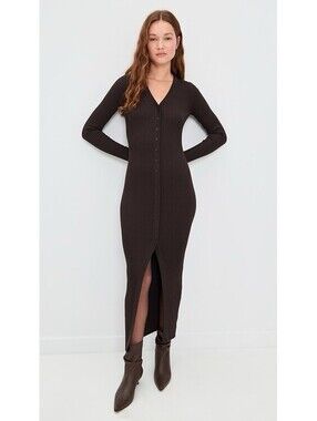 1 State Women’s Sz XS Chocolate Brown Rib Knit Cardigan Button Front Midi Dress